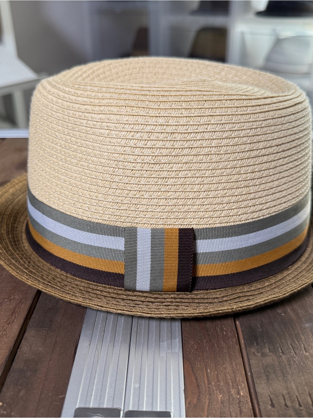 Henschel Hat Co. Two Tone Straw Pork Pie hat Striped Band Large USA